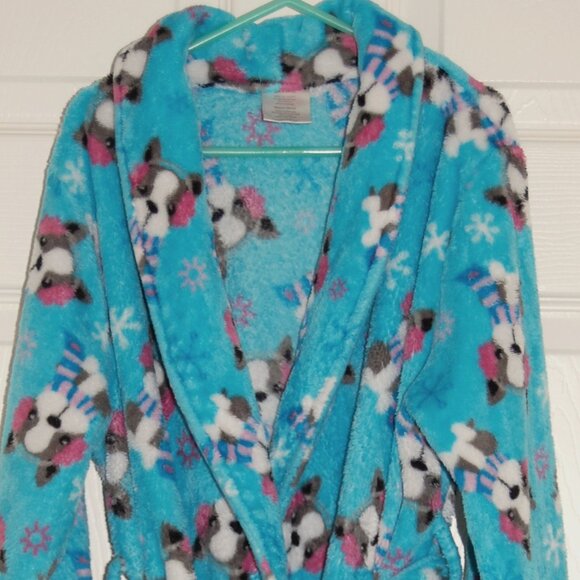 Girls Size 10-12, Blue Plush Comfy Robe, Puppy & Snowflake Print - Picture 3 of 6